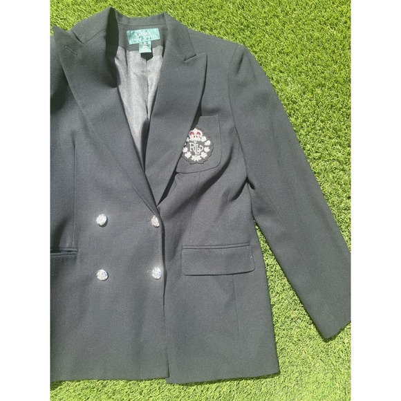 VTG Lauren Ralph Lauren Crested Double Breasted‎ Blazer 6 Black Wool Silver USA - Picture 2 of 5